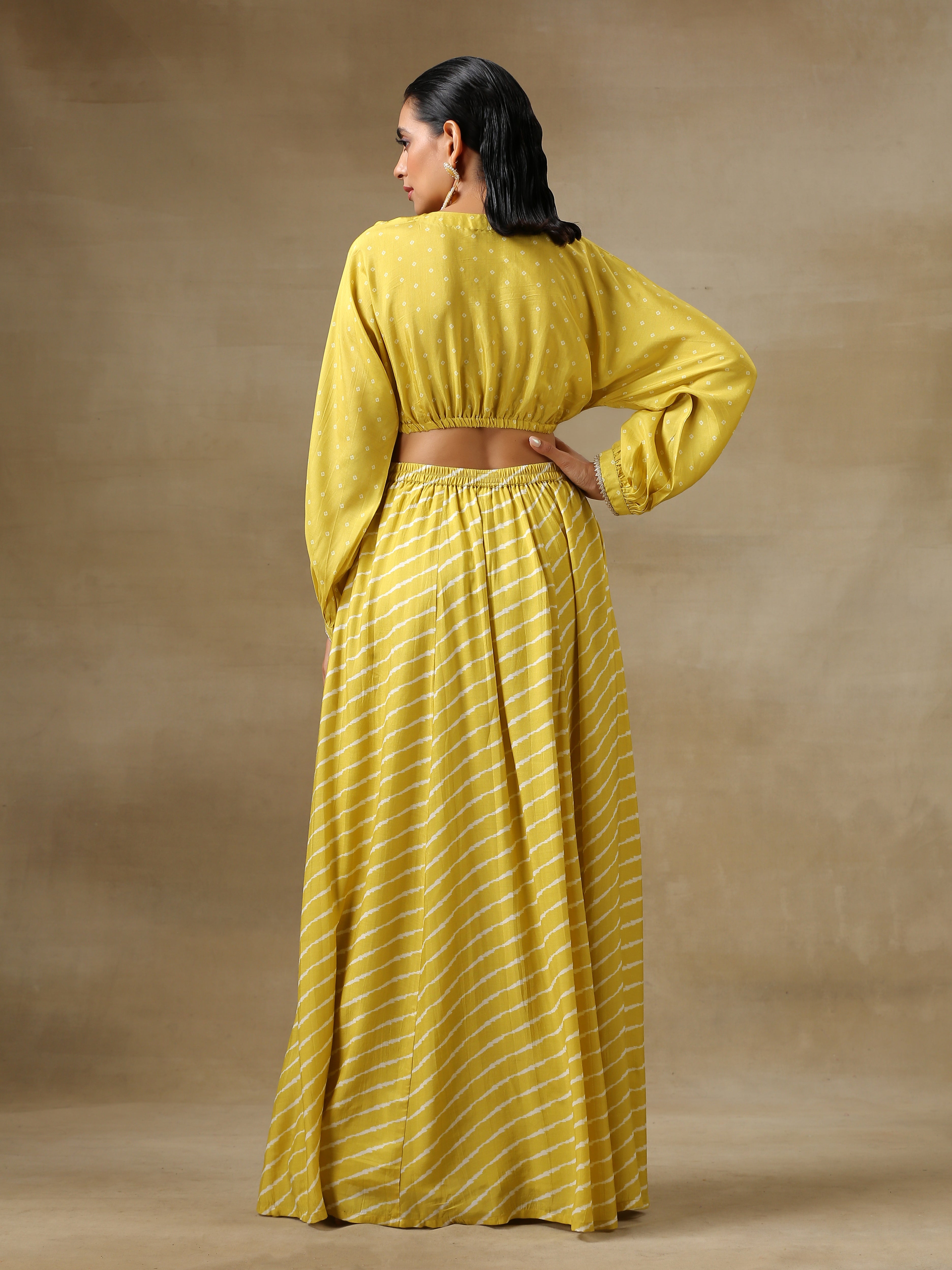 trueBrowns Lime Green Bandhani Printed Silk Top Skirt Set