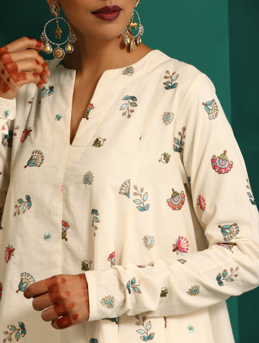 trueBrowns Ivory Multi Color Floral Cotton Flared Co-ord Set