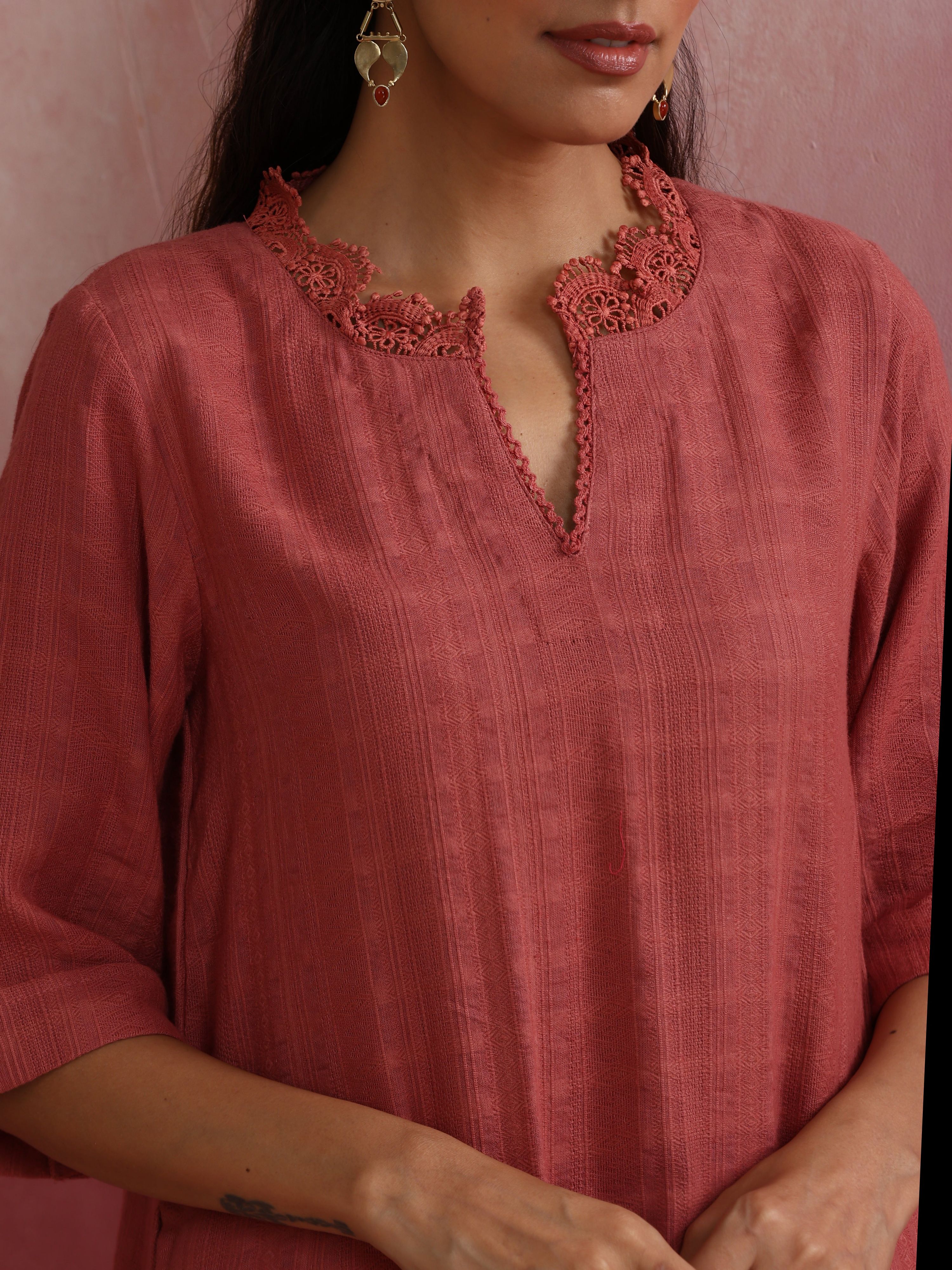 trueBrowns Peach High low Cotton Dobby Kurta Set