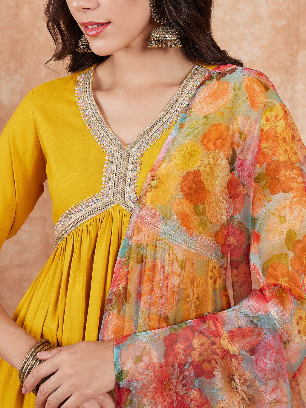 InWeave Women's Mustard Alia Neck Style Gota Set W Organza Dupatta