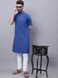 Even Apparels Blue Pure Cotton Short Sleeves Kurta With Band Collar