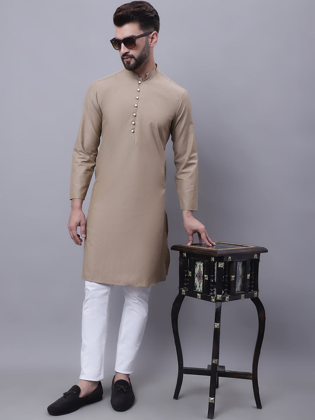 Even Apparels Beige Pure Cotton Kurta With Band Collar