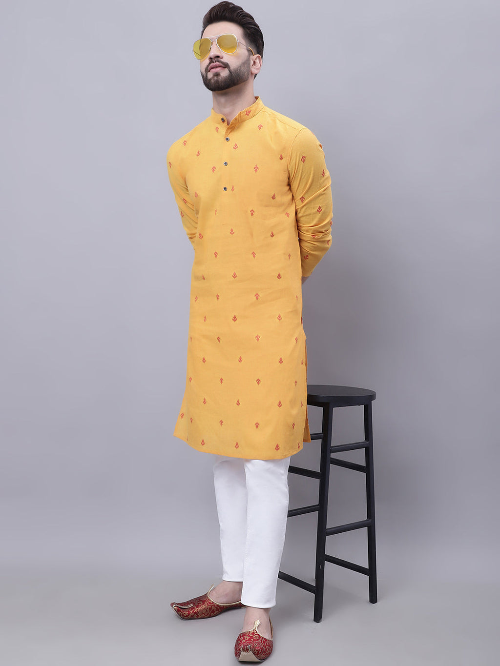 Even Apparels Yellow Pure Cotton Kurta With Band Collar