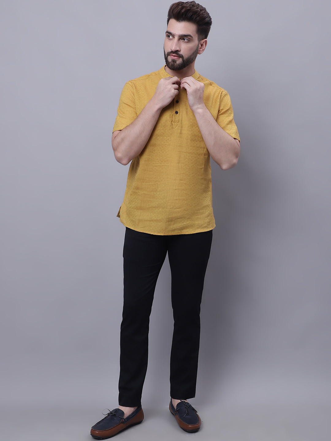 Even Apparels Yellow Pure Cotton Short Sleeves Kurta With Band Collar