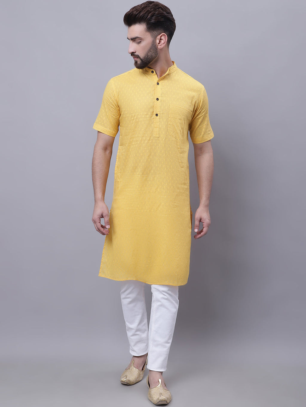 Even Apparels Yellow Pure Cotton Short Sleeves Kurta With Band Collar