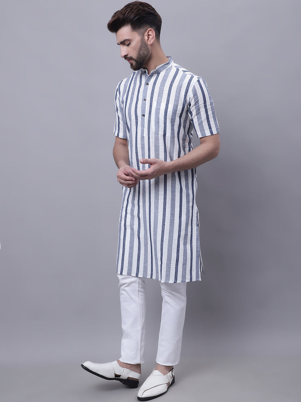 Even Apparels Grey Pure Cotton Short Sleeves Kurta With Band Collar