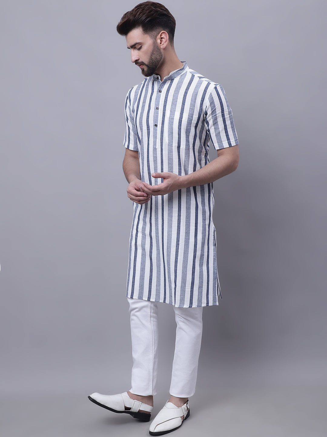 Even Apparels Grey Pure Cotton Short Sleeves Kurta With Band Collar