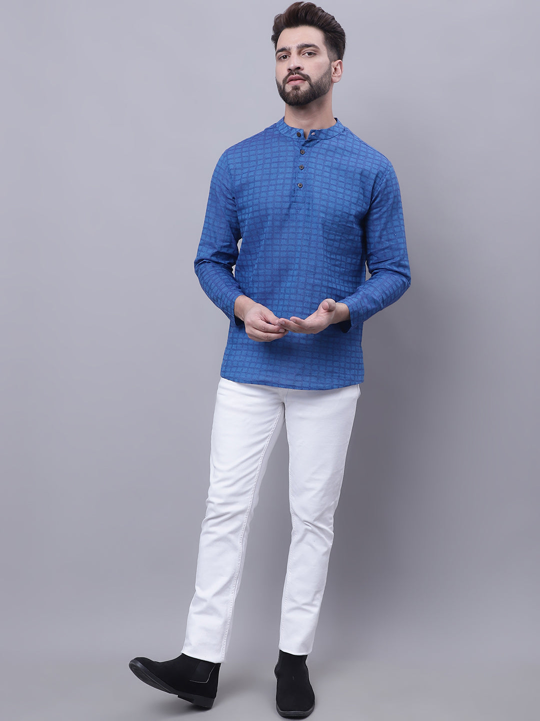Even Apparels Blue Pure Cotton Short Kurta With Band Collar