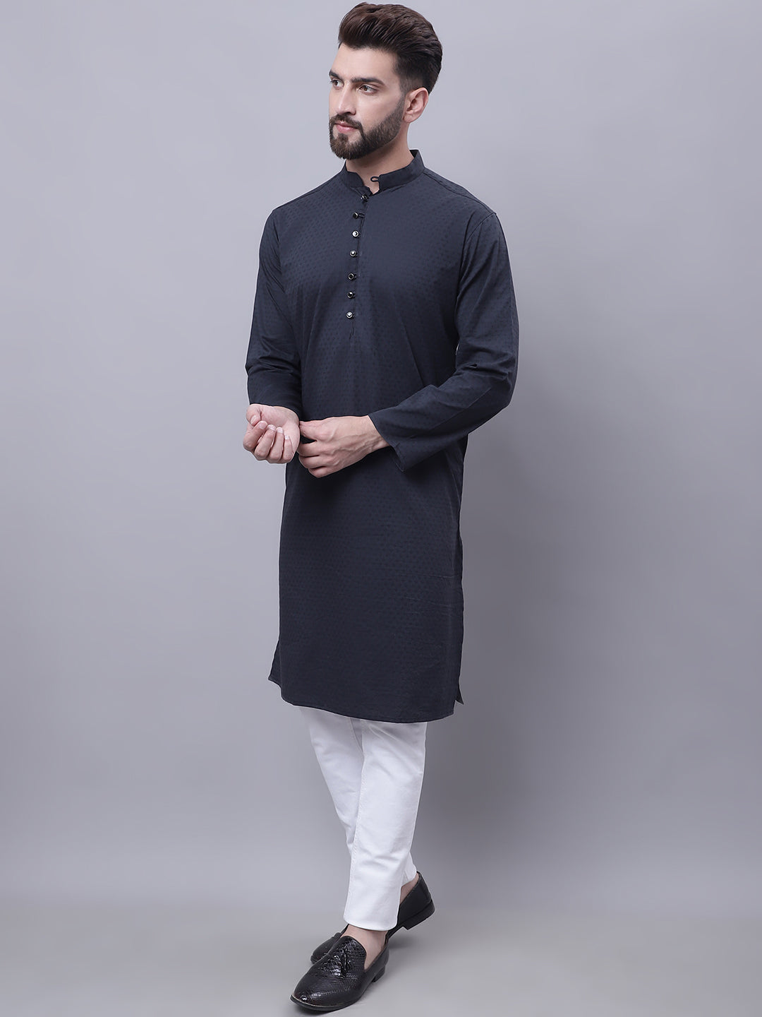Even Apparels Black Pure Cotton Kurta With Band Collar