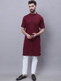 Even Apparels Red Pure Cotton Short Sleeves Kurta With Band Collar