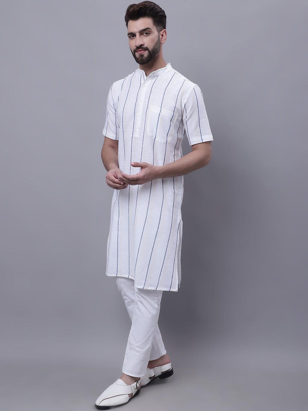 Even Apparels Cream Pure Cotton Short Sleeves Kurta With Band Collar