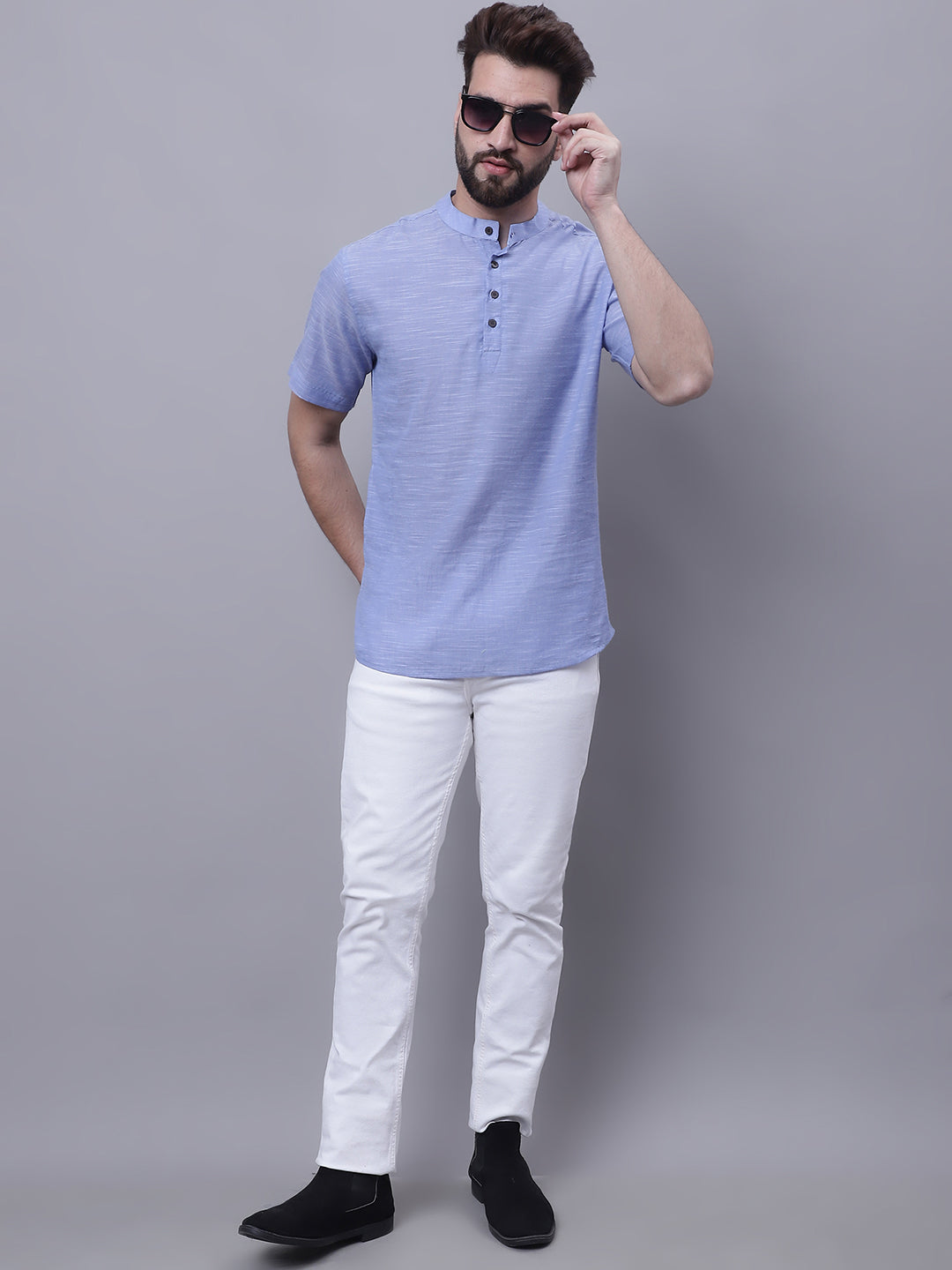 Even Apparels Blue Pure Cotton Short Kurta With Band Collar