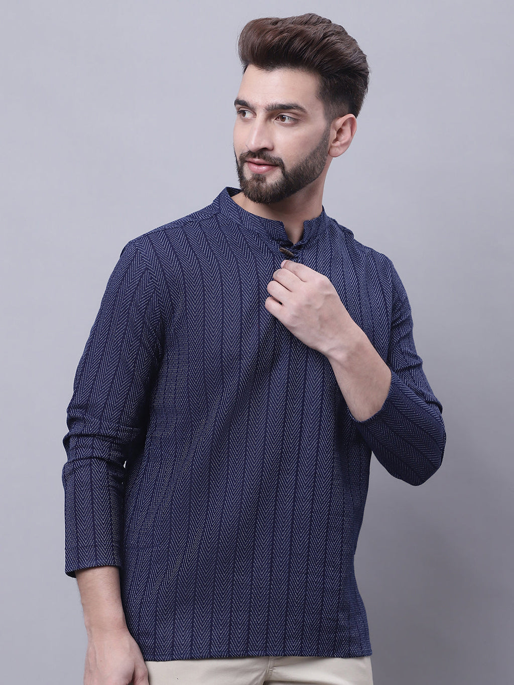 Indian Clothing Even Apparels Blue Pure Cotton Short Kurta With Band Collar