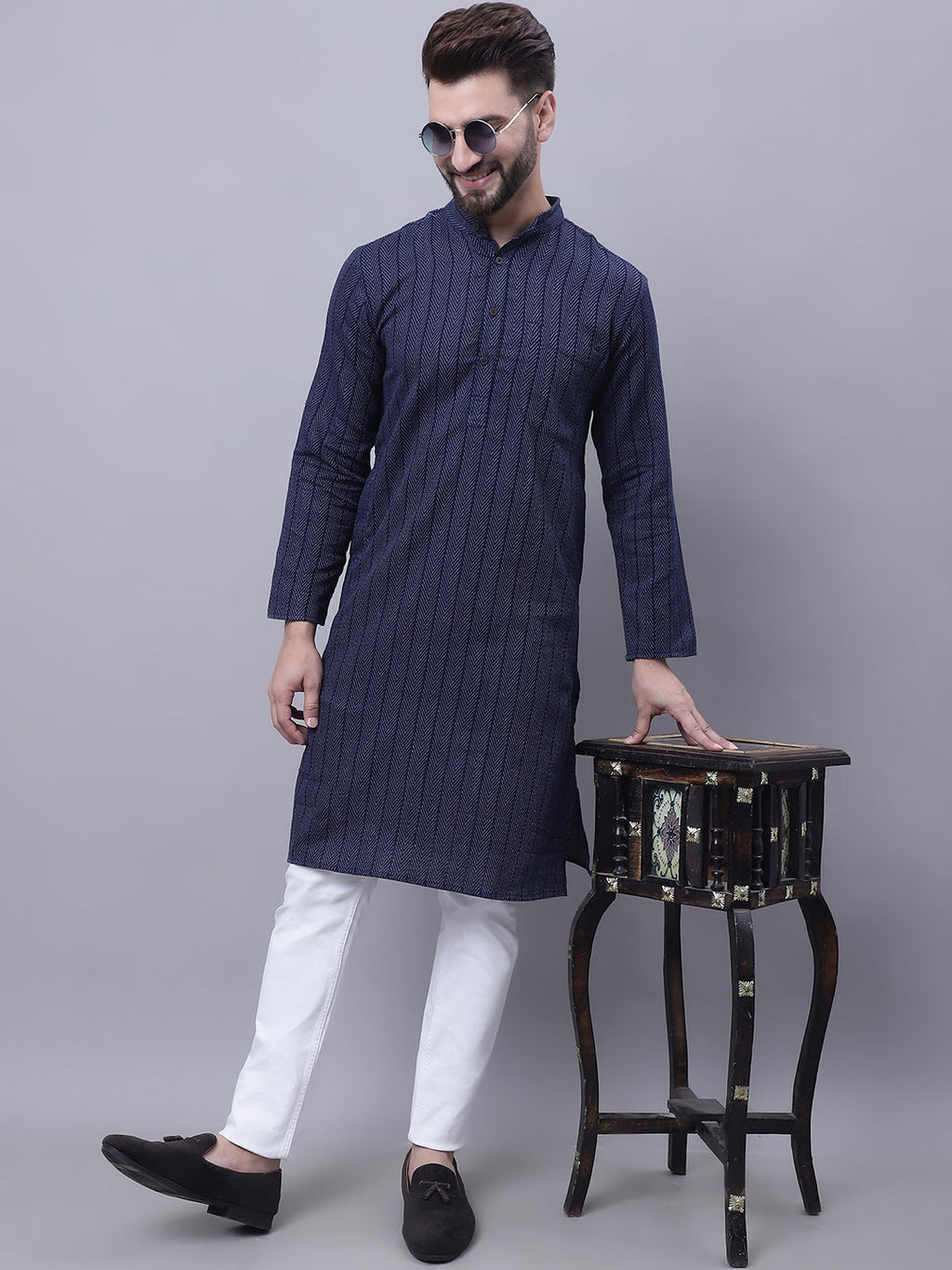 Even Apparels Blue Pure Cotton Kurta With Band Collar