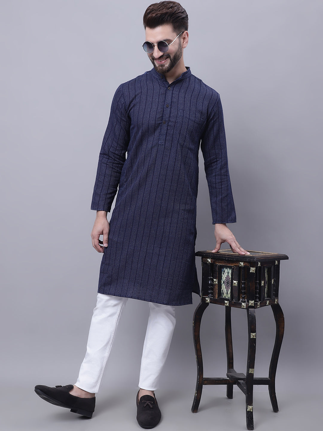 Even Apparels Blue Pure Cotton Kurta With Band Collar