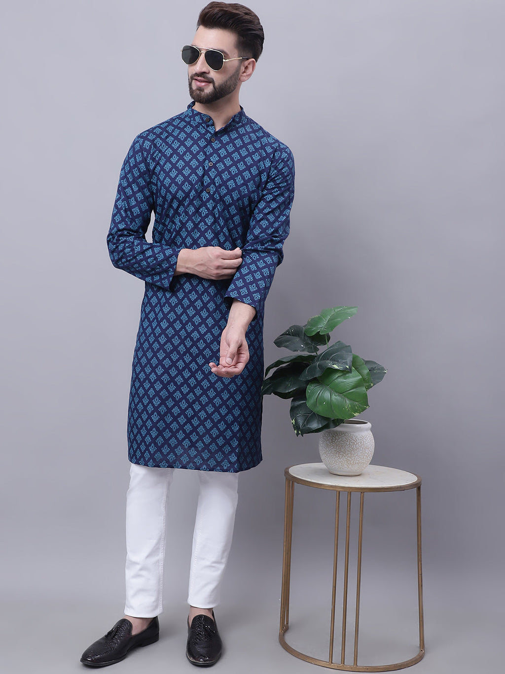 Even Apparels Blue Pure Cotton Kurta With Band Collar