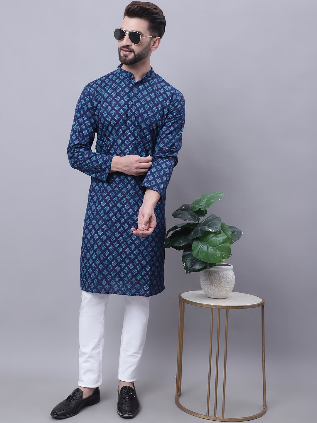 Even Apparels Blue Pure Cotton Kurta With Band Collar