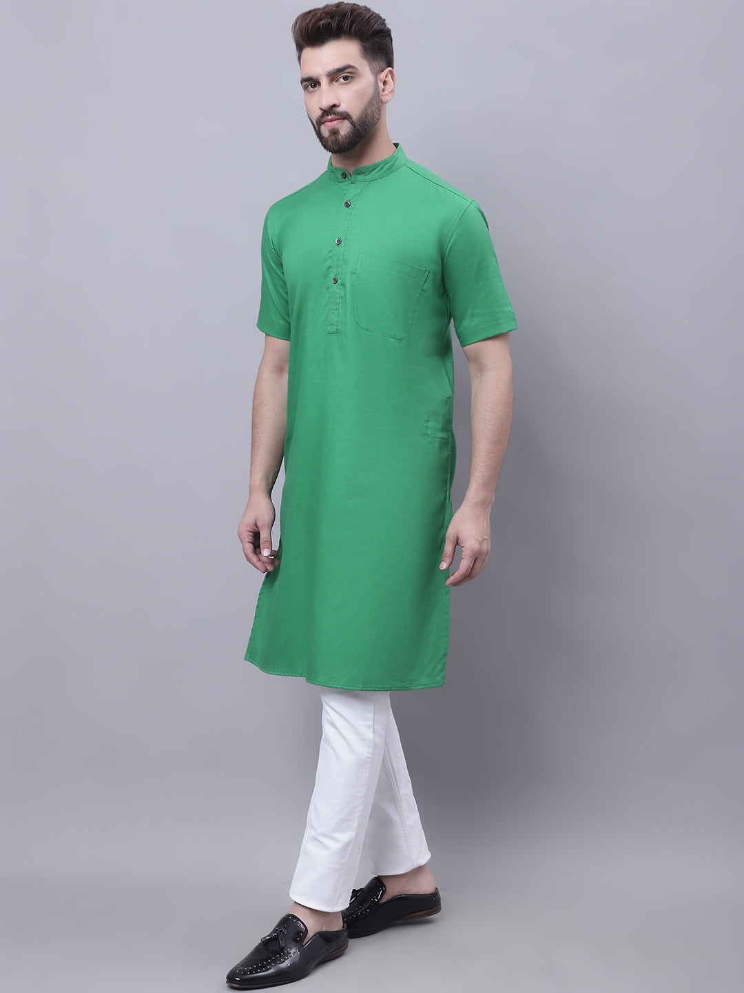 Even Apparels Green Pure Cotton Short Sleeves Kurta With Band Collar