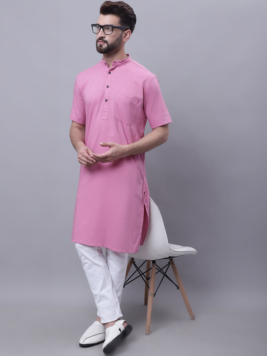Even Apparels Pink Pure Cotton Short Sleeves Kurta With Band Collar
