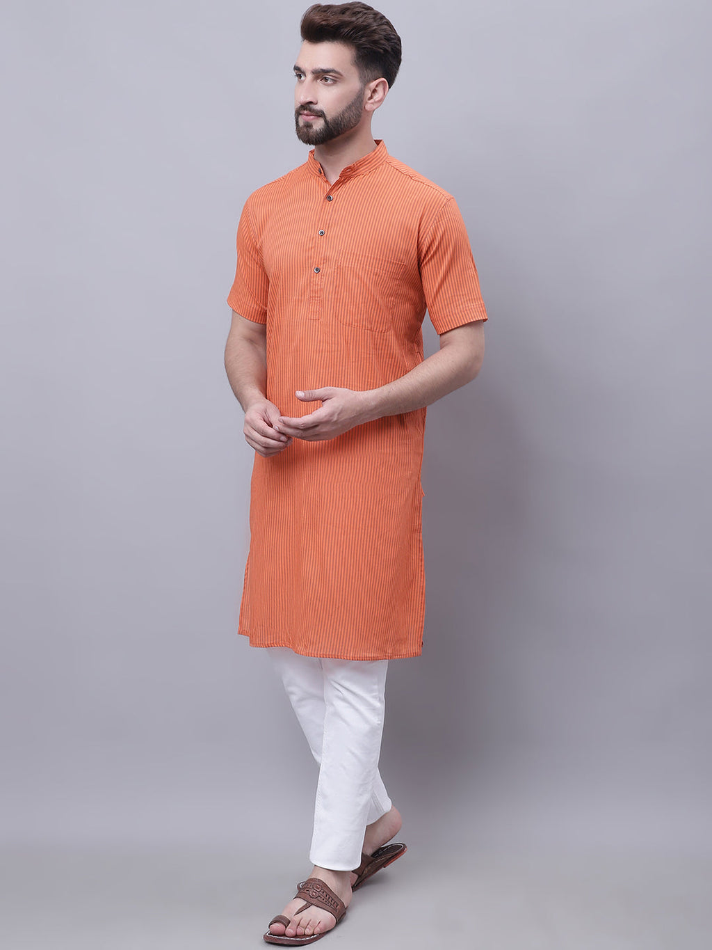 Even Apparels Rust Pure Cotton Short Sleeves Kurta With Band Collar