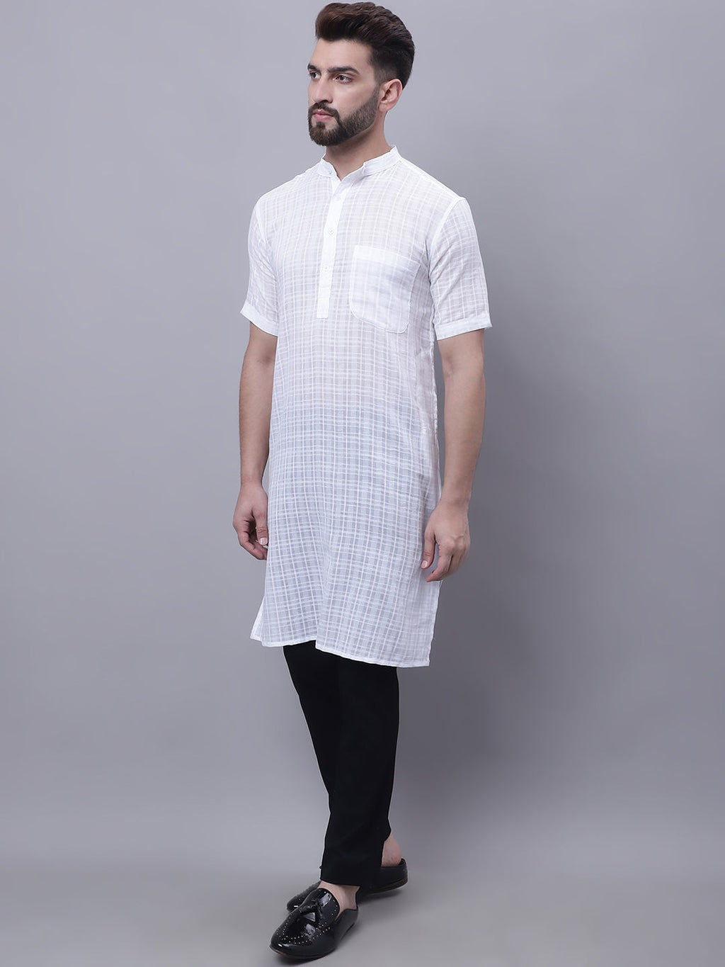 Even Apparels White Pure Cotton Short Sleeves Kurta With Band Collar