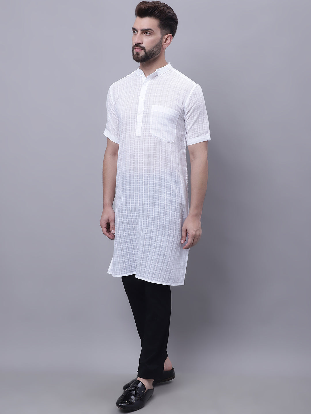 Even Apparels White Pure Cotton Short Sleeves Kurta With Band Collar