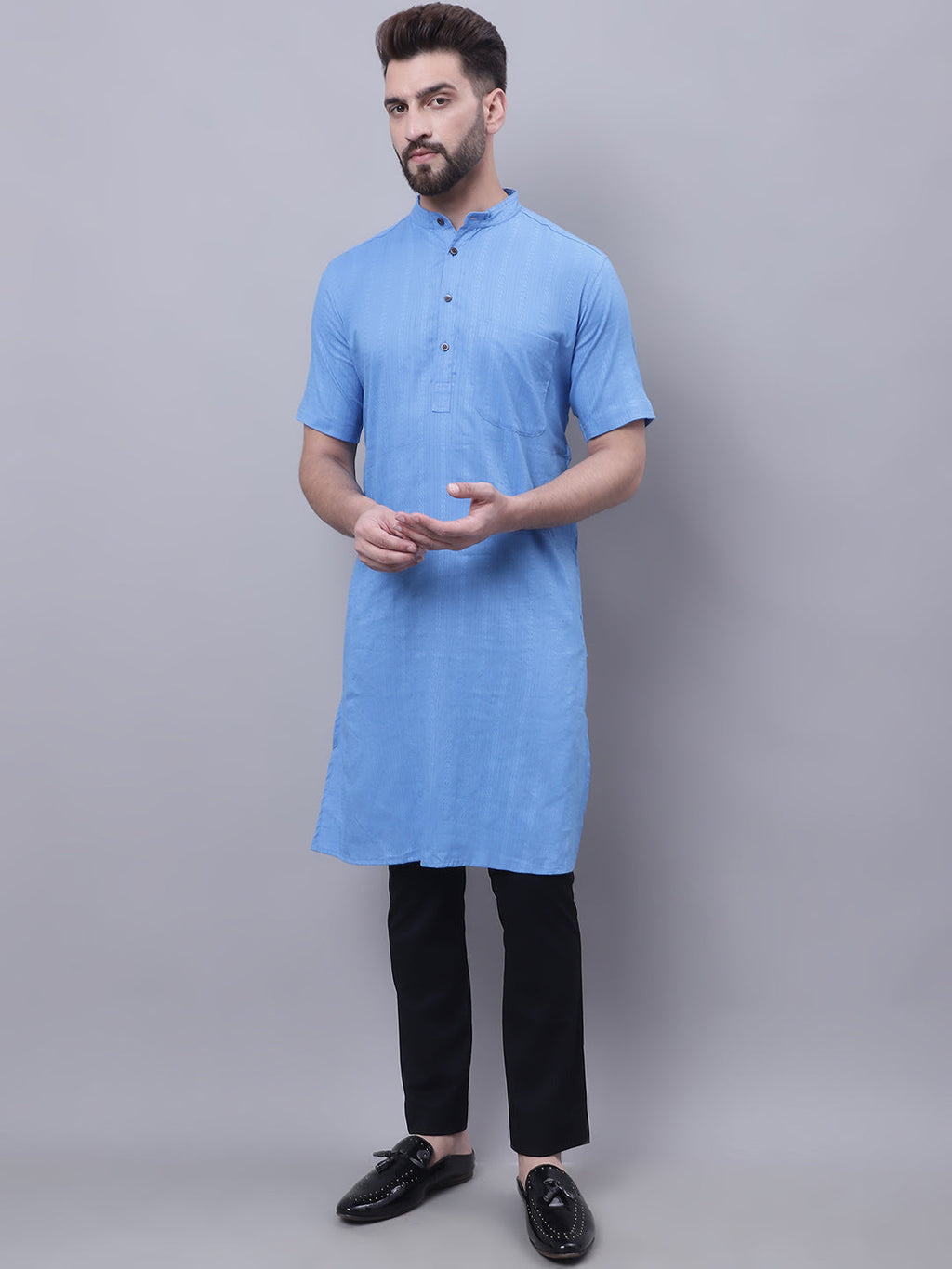 Even Apparels Blue Pure Cotton Short Sleeves Kurta With Band Collar