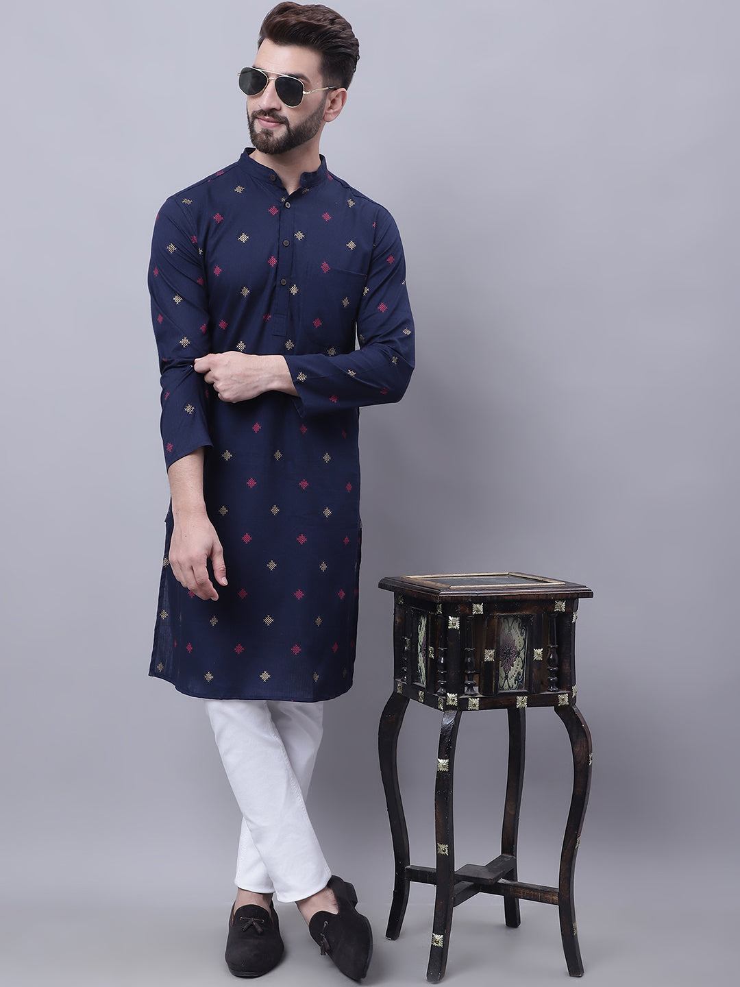 Even Apparels Blue Pure Cotton Kurta With Band Collar