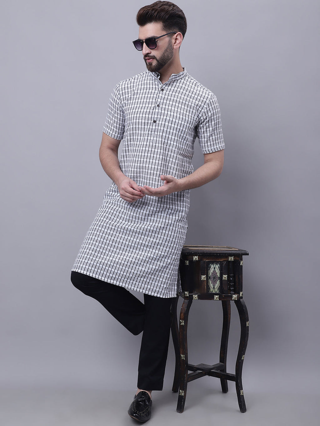 Even Apparels Multi Pure Cotton Short Sleeves Kurta With Band Collar