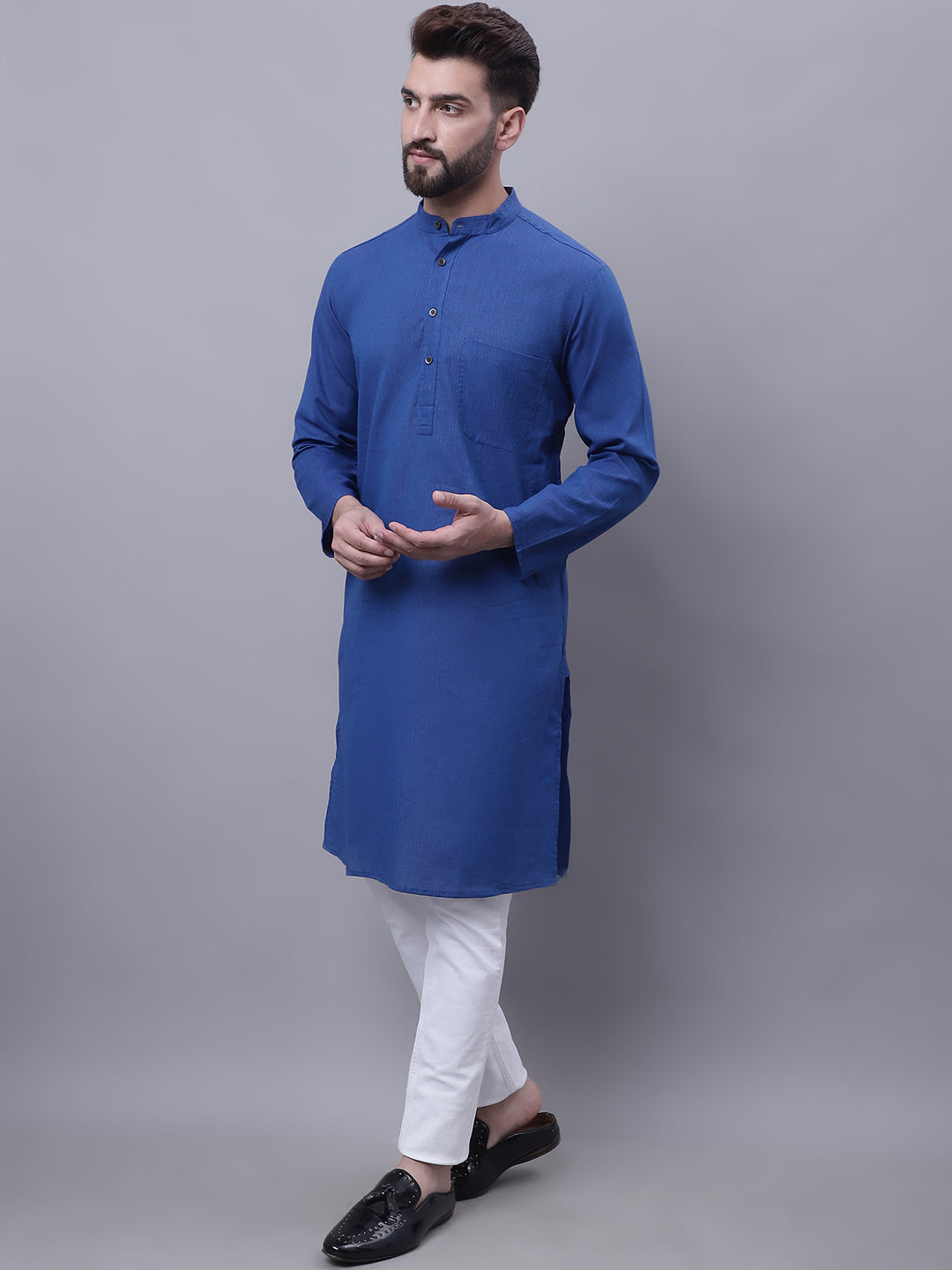Even Apparels Blue Pure Cotton Kurta With Band Collar