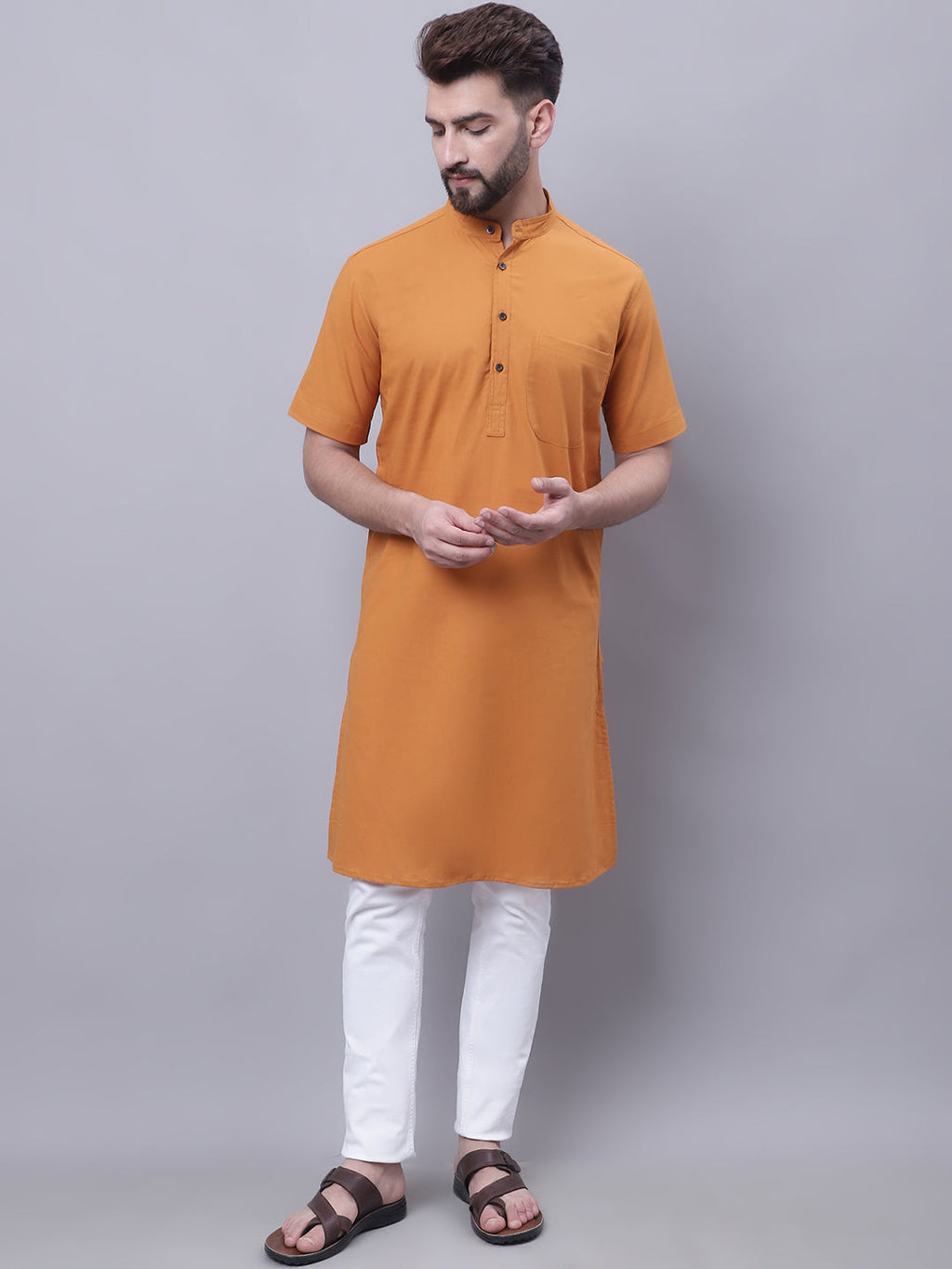 Even Apparels Yellow Pure Cotton Short Sleeves Kurta With Band Collar
