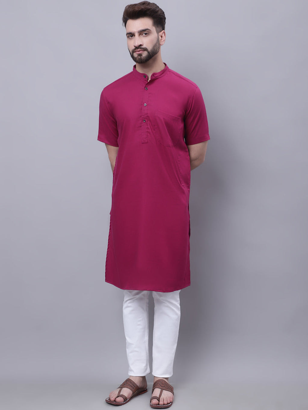 Even Apparels Maroon Pure Cotton Short Sleeves Kurta With Band Collar