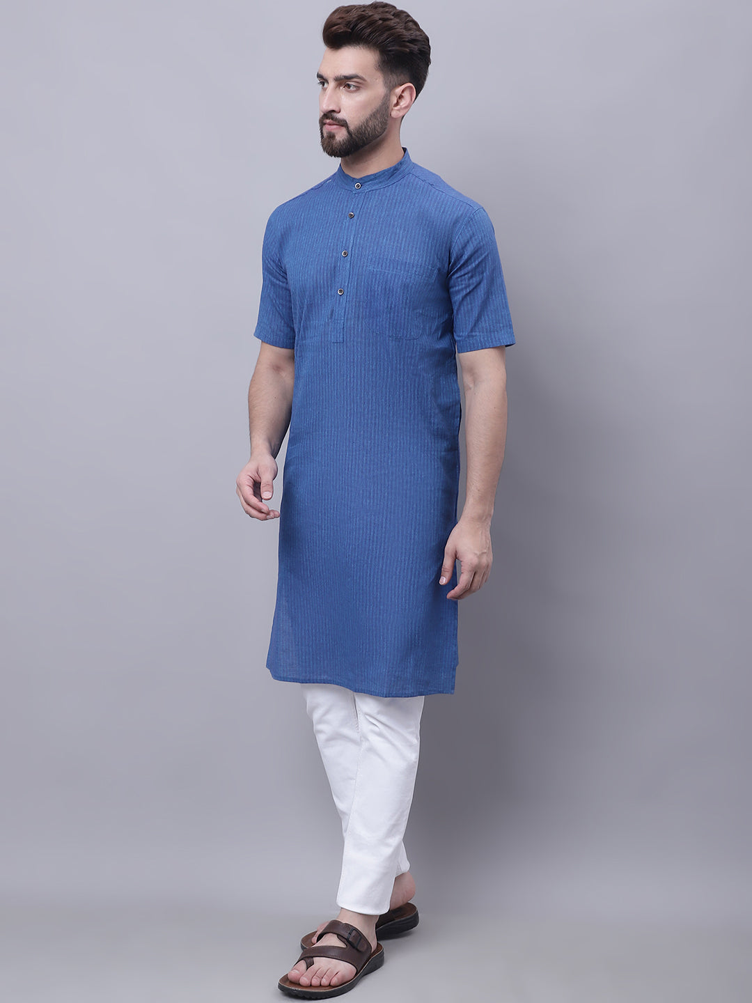 Even Apparels Blue Pure Cotton Short Sleeves Kurta With Band Collar