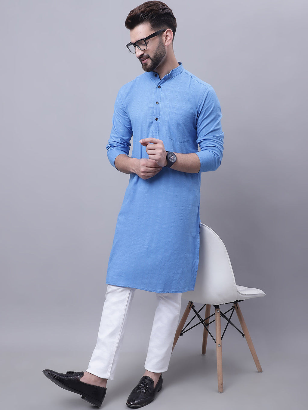 Even Apparels Blue Pure Cotton Kurta With Band Collar