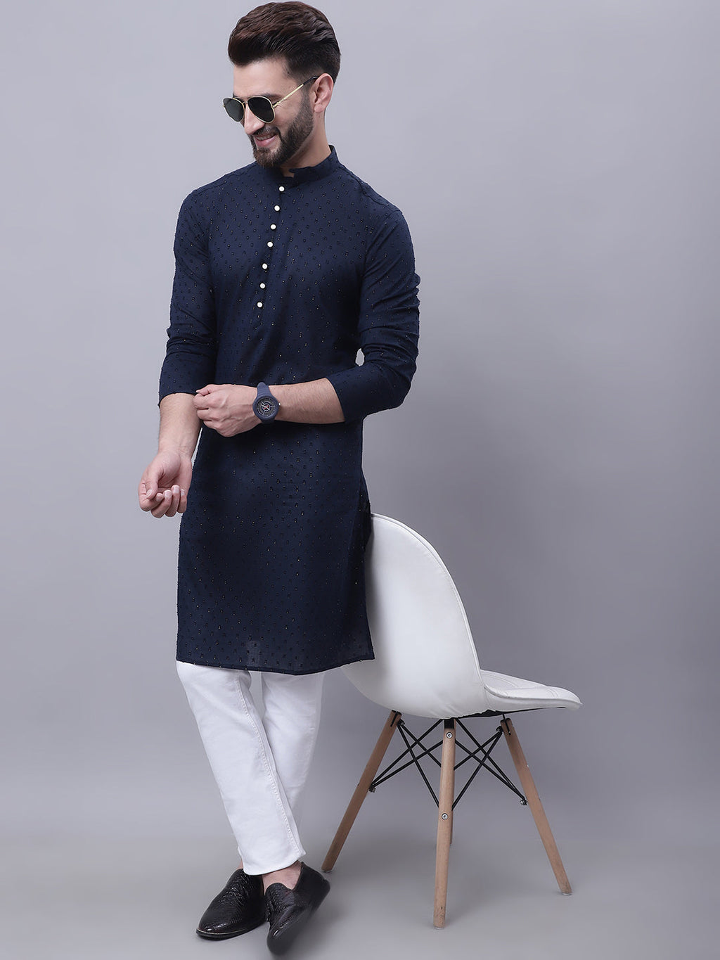 Even Apparels Blue Pure Cotton Kurta With Band Collar