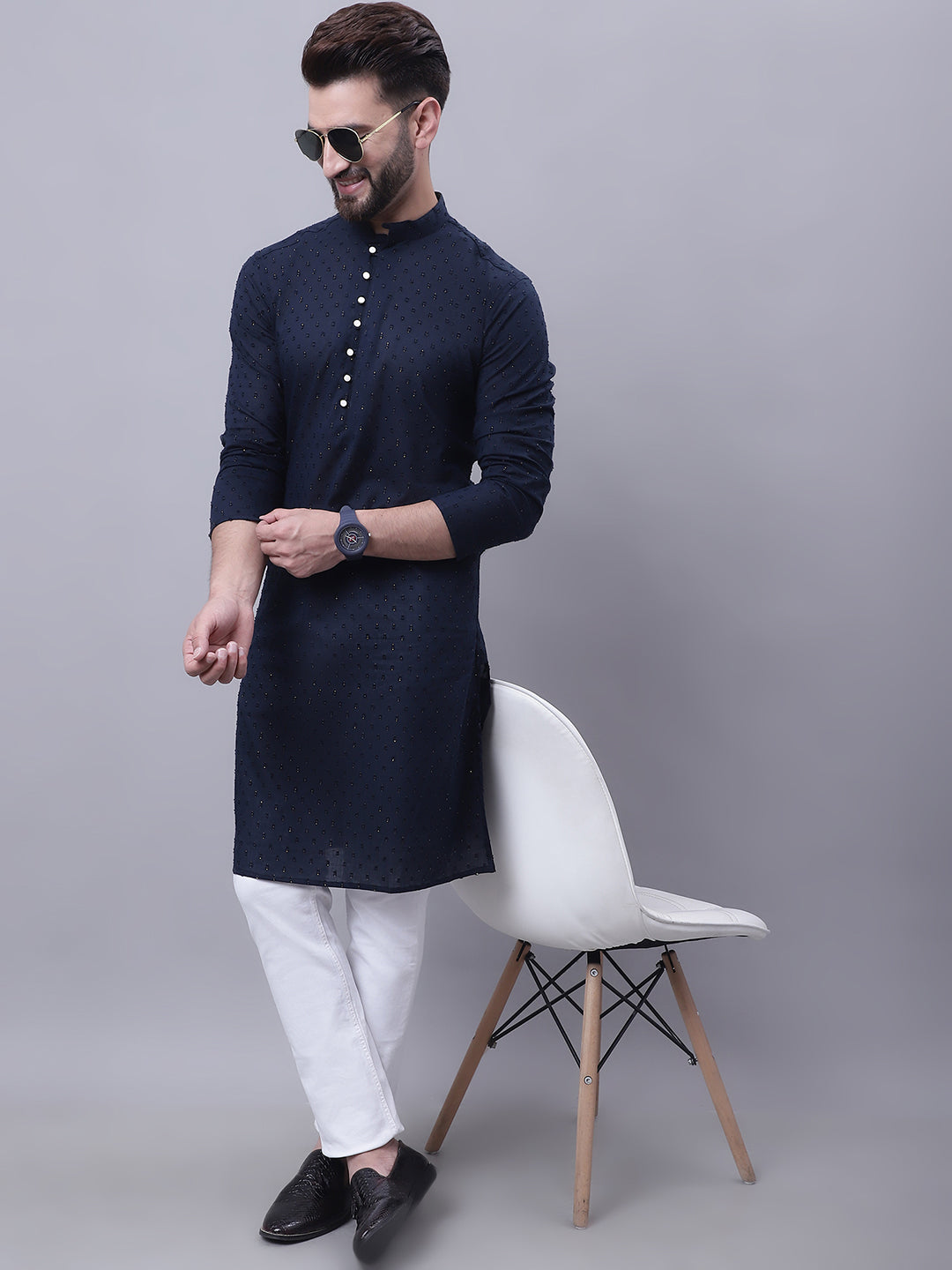Even Apparels Blue Pure Cotton Kurta With Band Collar