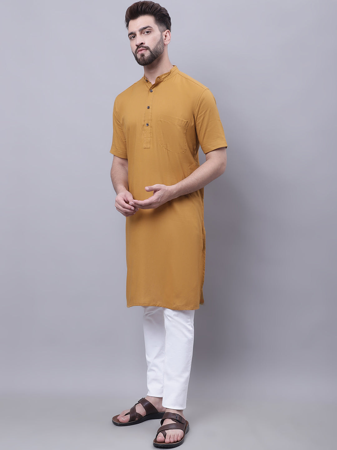 Even Apparels Mustard Pure Cotton Short Sleeves Kurta With Band Collar