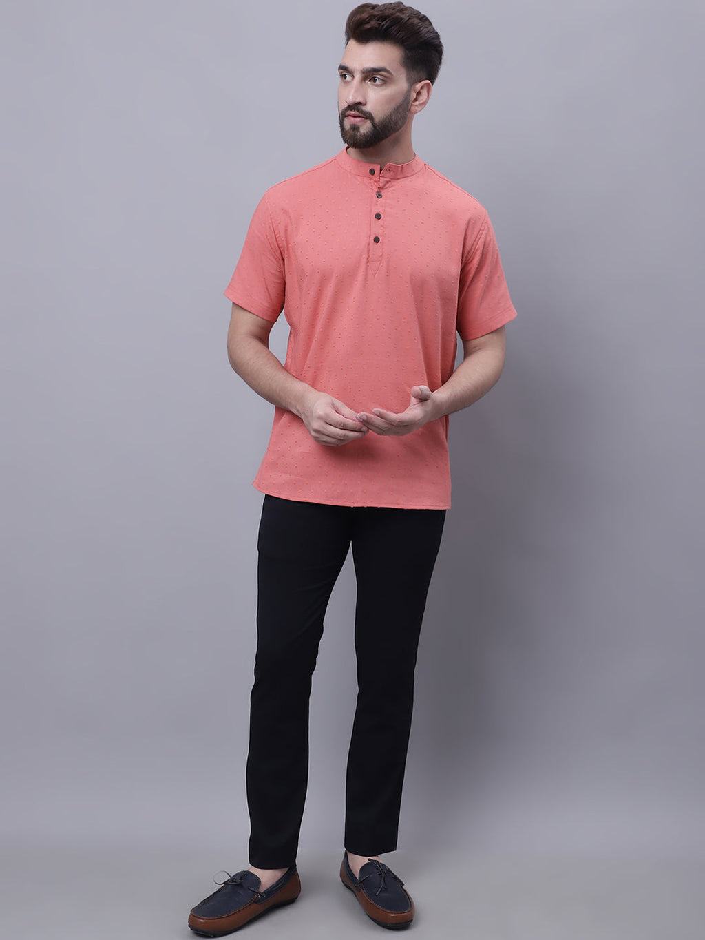 Even Apparels Peach Pure Cotton Short Sleeves Kurta With Band Collar