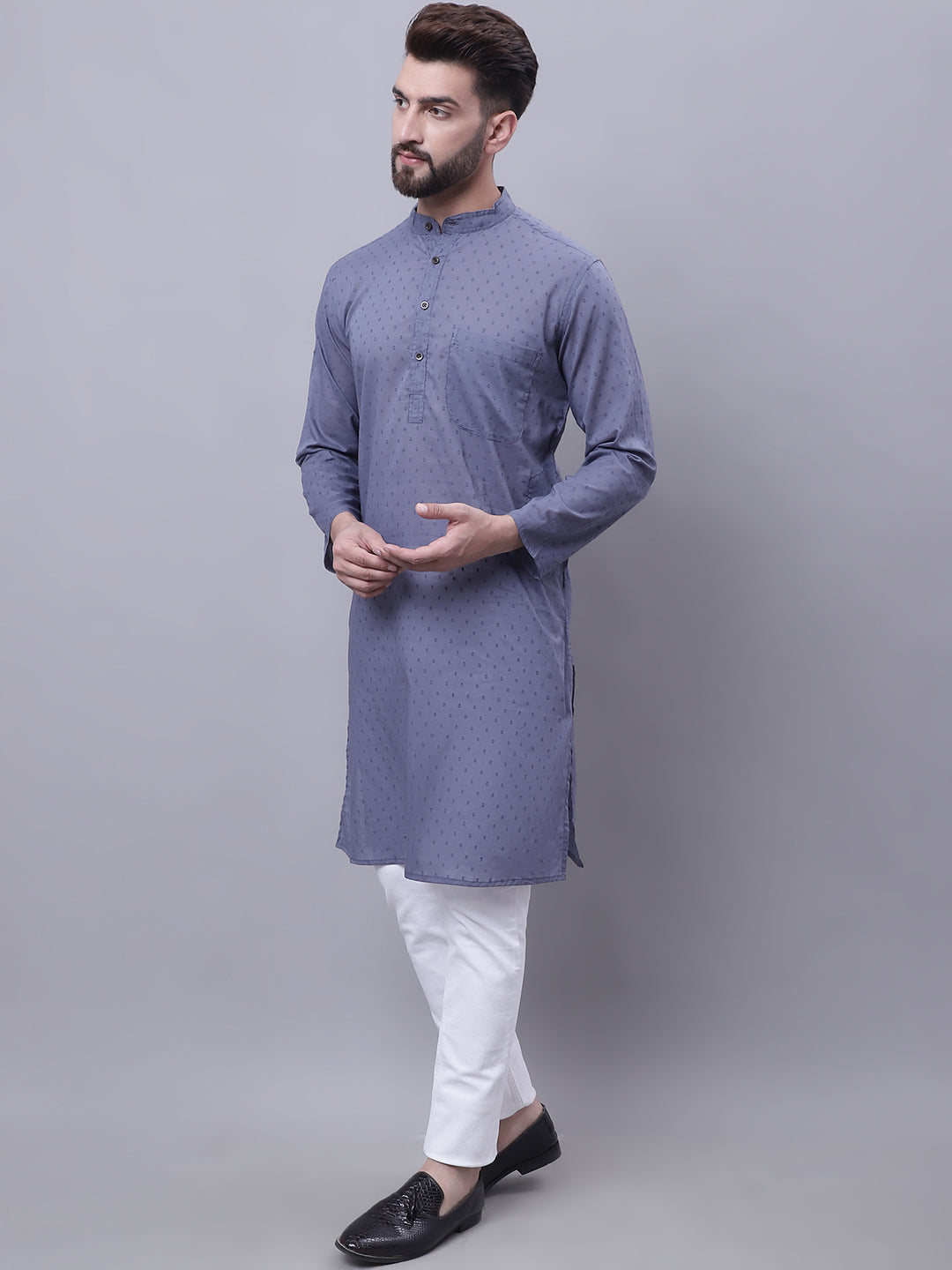 Even Apparels Grey Pure Cotton Kurta With Band Collar
