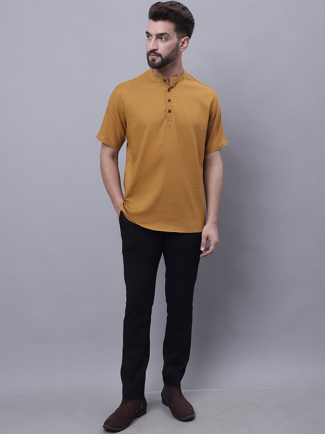 Even Apparels Brown Pure Cotton Short Kurta With Band Collar