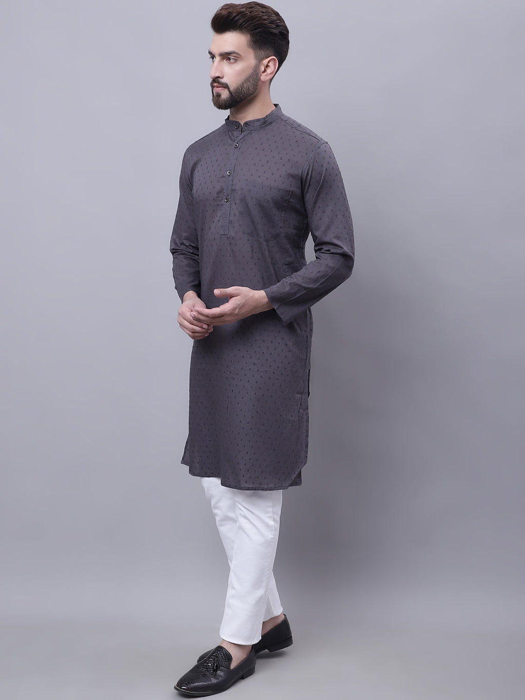 Even Apparels Grey Pure Cotton Kurta With Band Collar