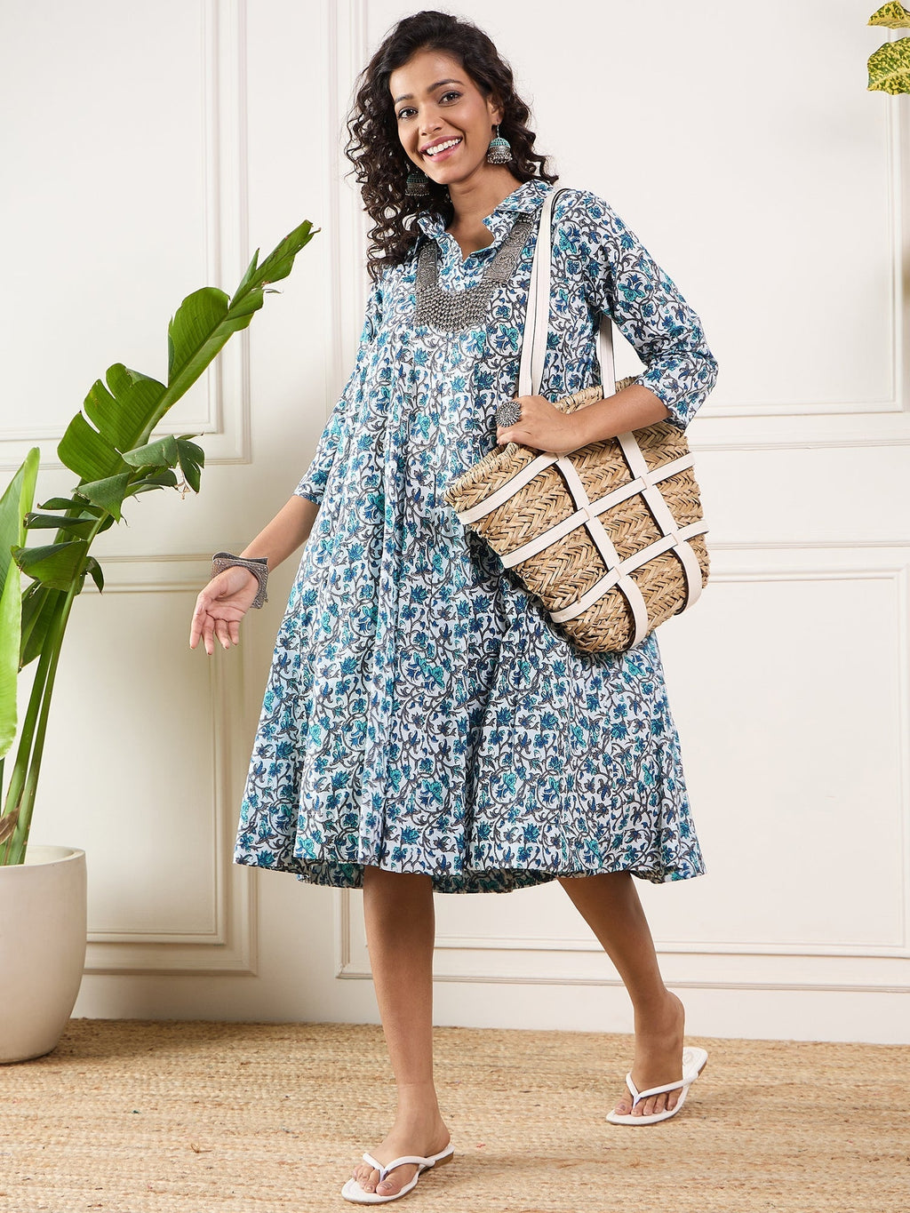 InWeave Aqua Blue Floral Grey Jaal Collar Flared Dress