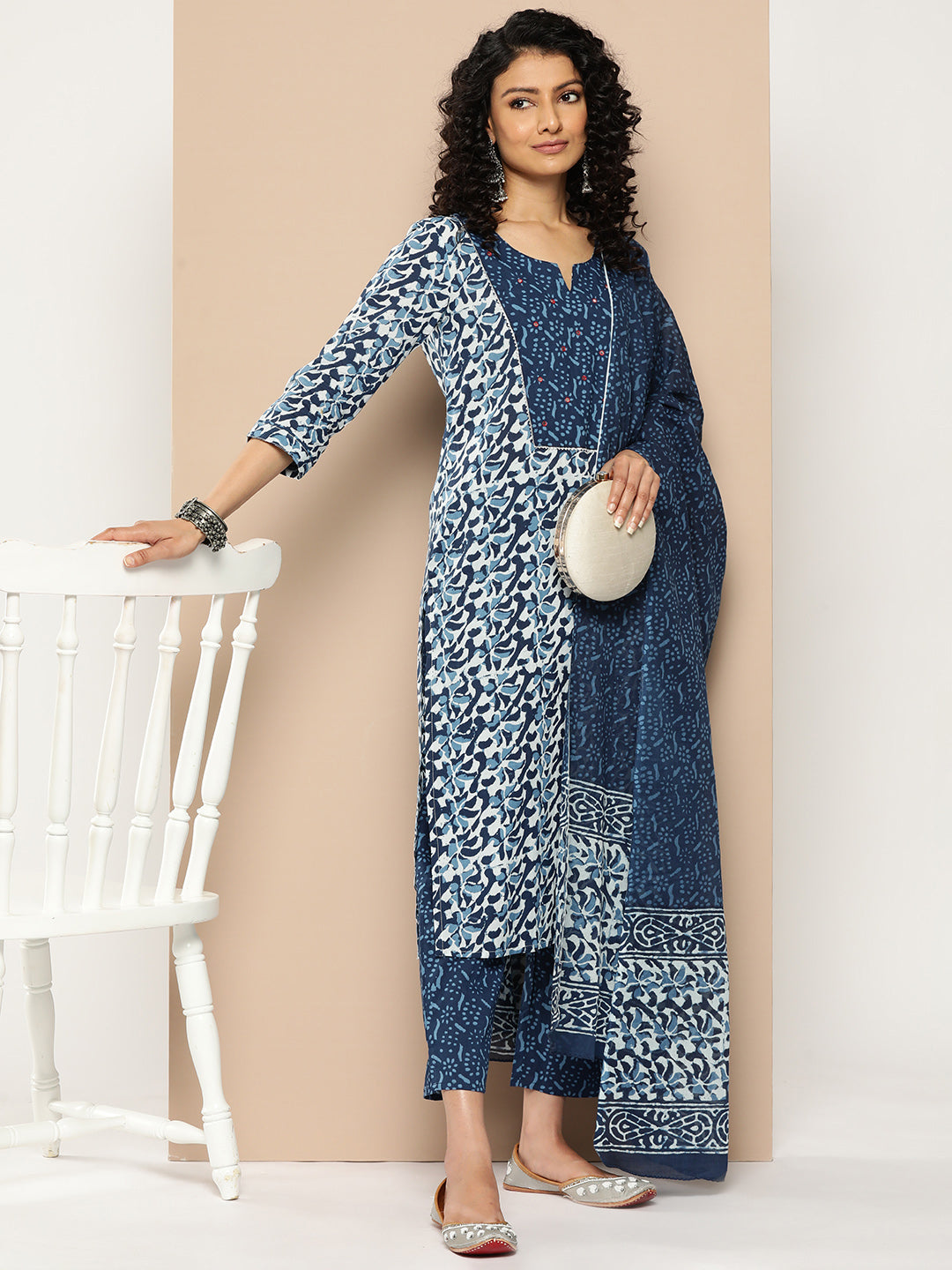KSUT (House of Varanga) Blue And White Cotton Printed Yoke Design Kurta Paired With Printed Dupatta And Trouser