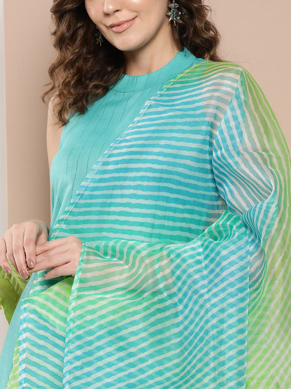 InWeave Women's Teal Lurex Boho Kurta Set With Aqua Leh Organza Dupatta