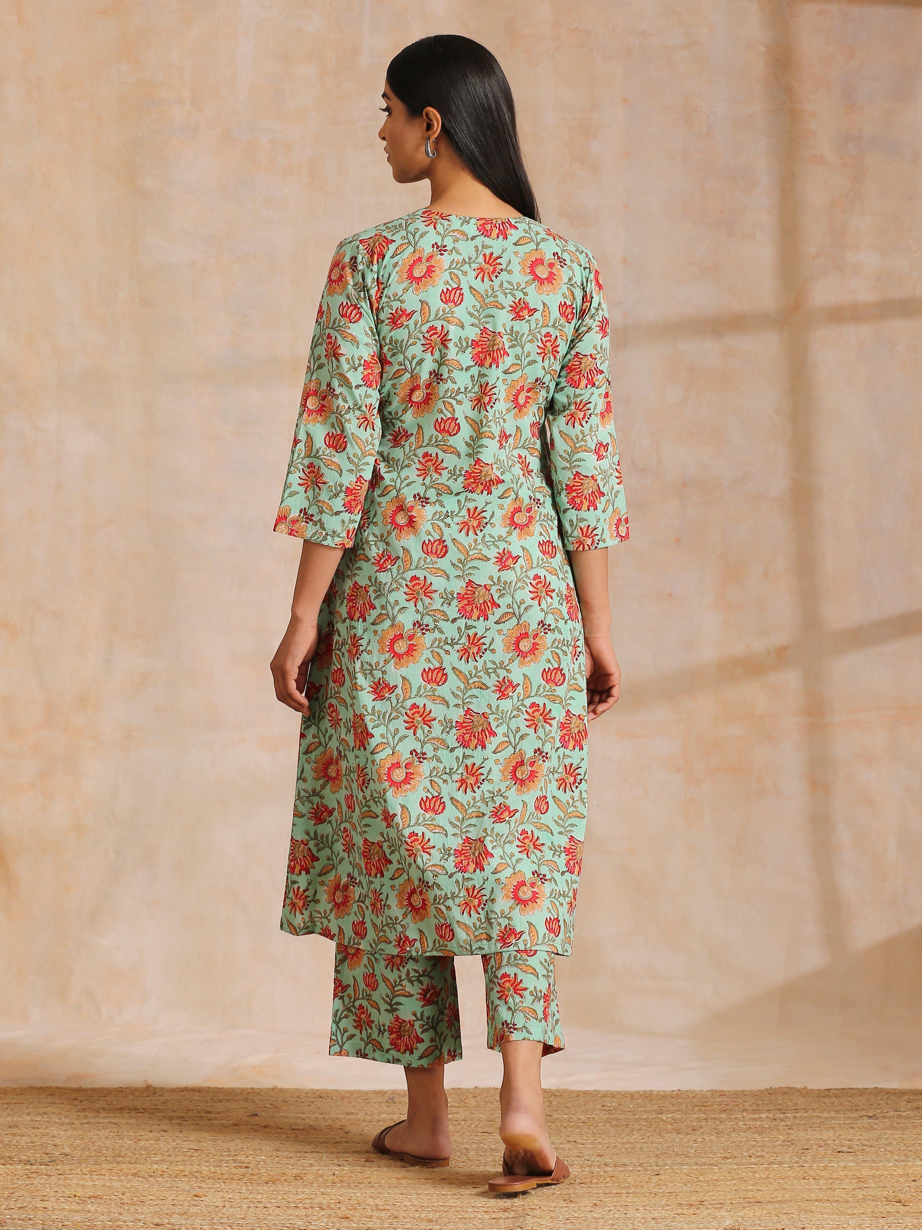 trueBrowns Seafoam Green Overall Floral Block Print Cotton Angrakha Pant Set