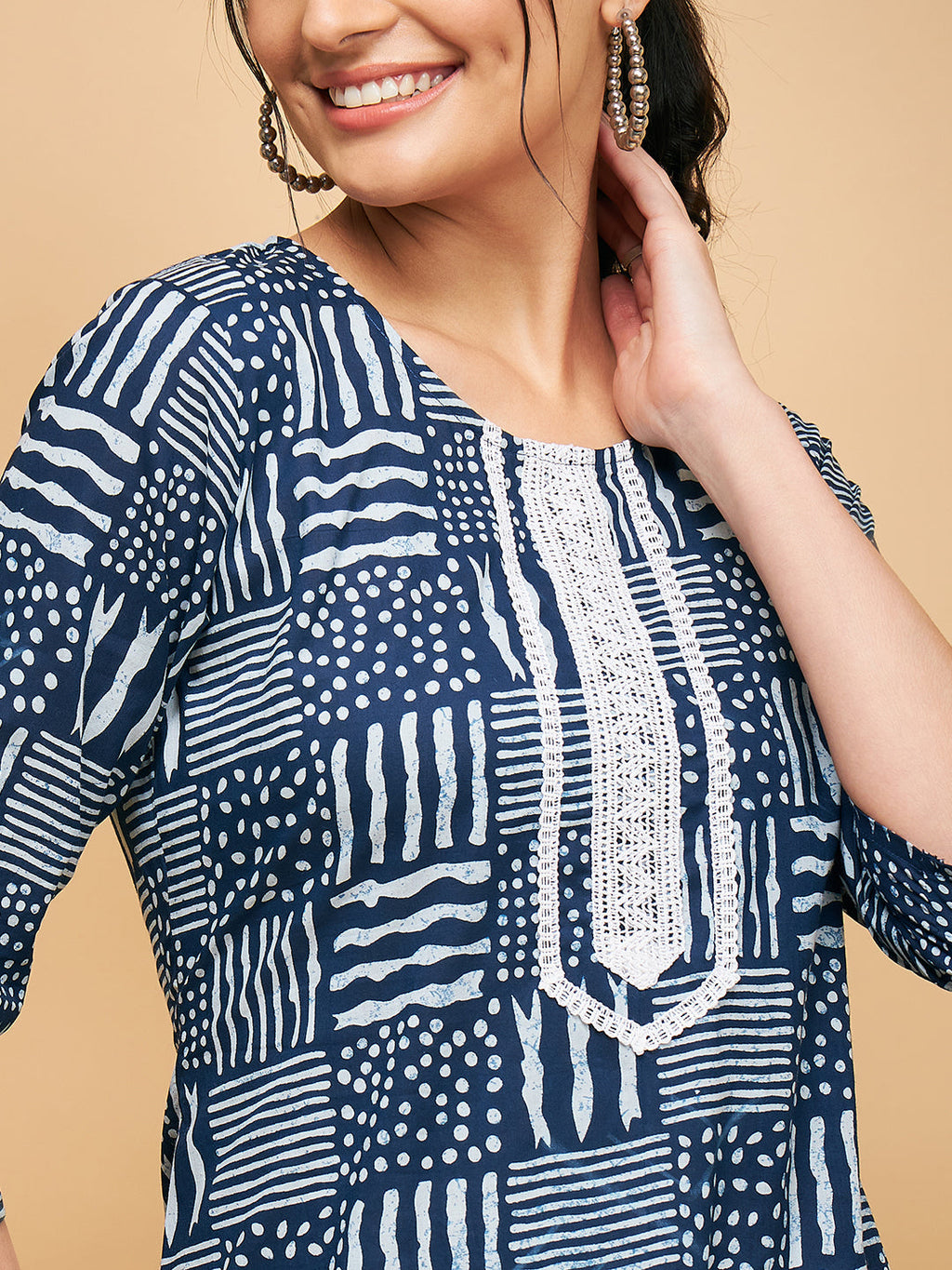 InWeave Women's Ankola Indigo With Tiles Hand Block Print Lace Straight Kurta