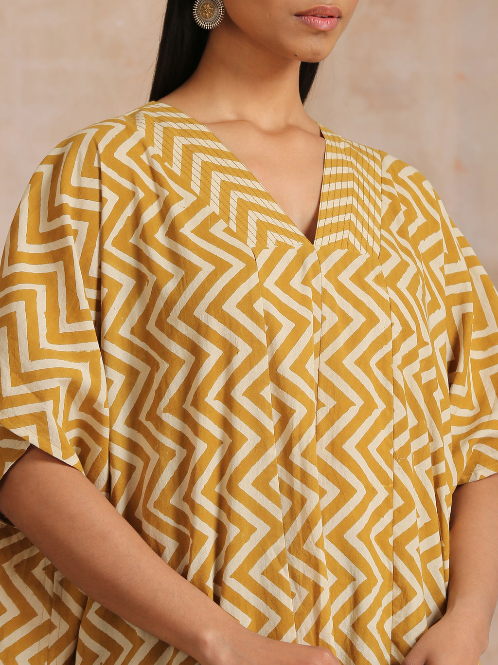 trueBrowns Mustard Dabu Zig-Zag Lines Print Cotton Panel Kaftan Kurta Pant Set