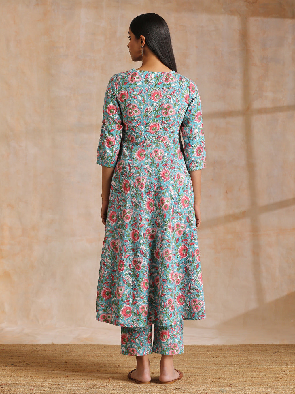 trueBrowns Turkish Blue Overall Floral Block Print Cotton Flared Kurta Pant Set