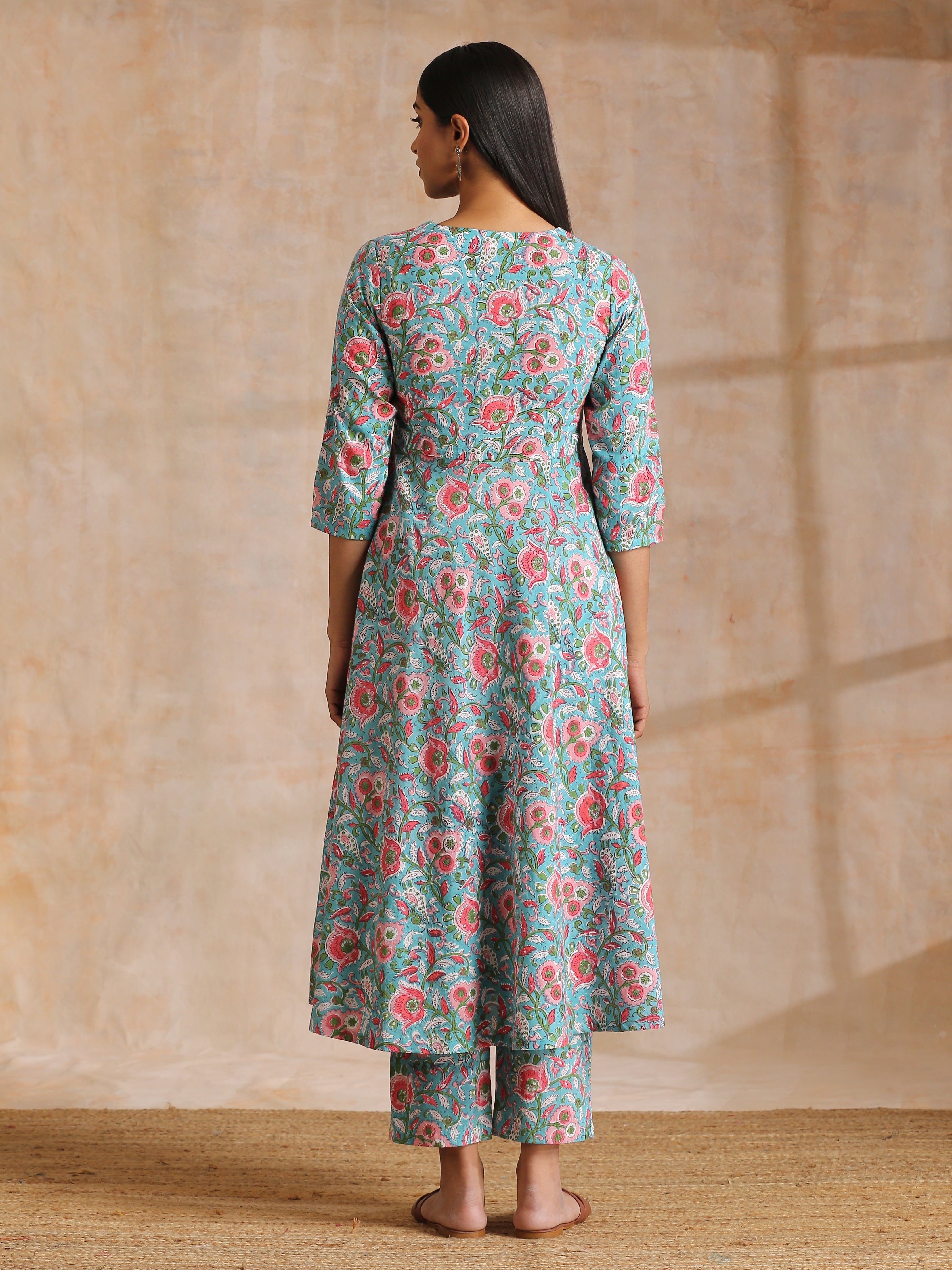 trueBrowns Turkish Blue Overall Floral Block Print Cotton Flared Kurta Pant Set