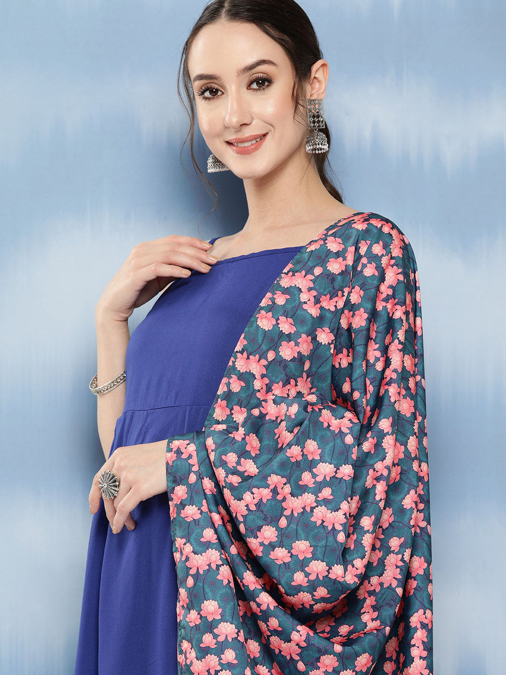 InWeave Women's Ink Blue Strappy Set With Navy Pink Lotus Cr Dupatta